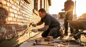 Licensed masonry contractor performing brick tuckpointing and mortar joint repair on building foundation