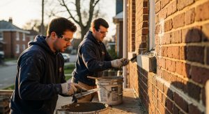Professional masonry contractors performing tuckpointing services on residential brick wall in Chicago