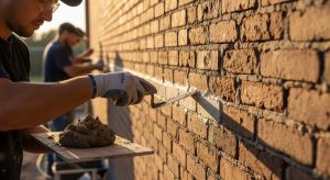 Mason hand-tooling fresh mortar into brick joints during professional tuckpointing repair work