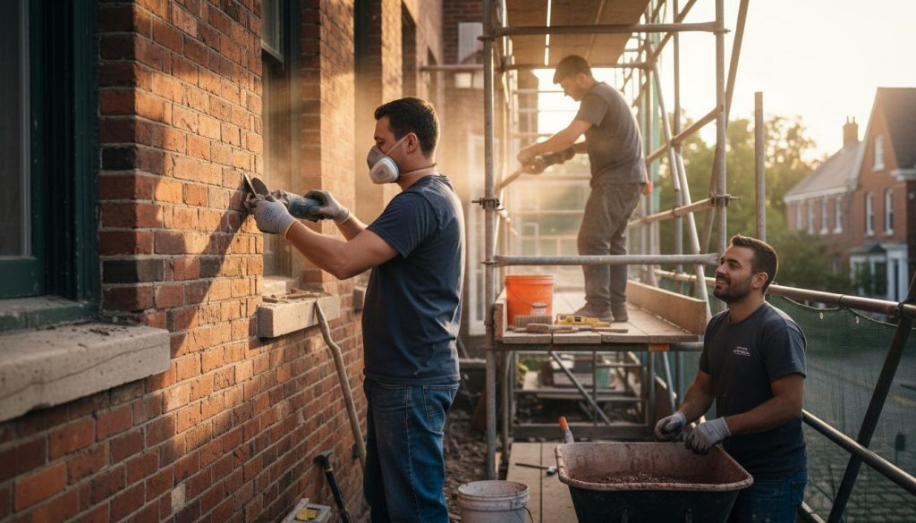 Mason applying mortar to brick wall joints from scaffolding during a tuckpointing and masonry repair project