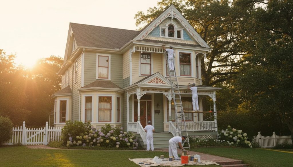 Exterior painting crew on ladders preparing and painting siding and decorative trim on a Victorian home