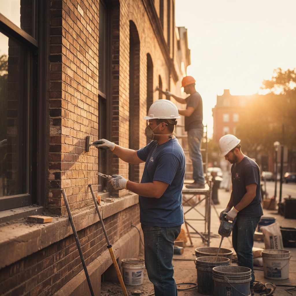 Masonry restoration crew tuckpointing and repairing mortar joints on a Chicago brick commercial building at sunset