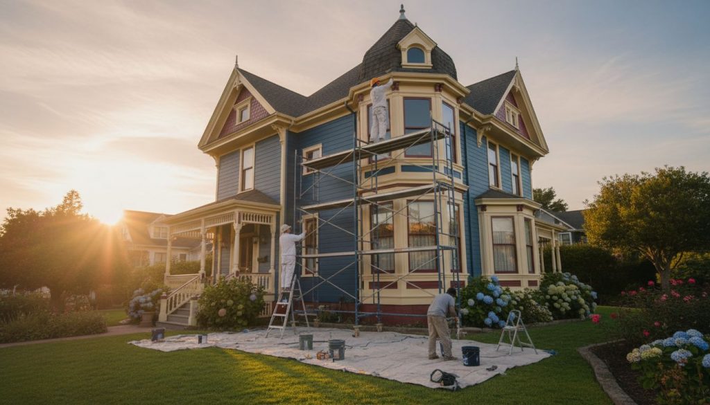 Professional exterior painters on scaffolding applying weather-resistant paint to a Victorian home with detailed trim and bay windows