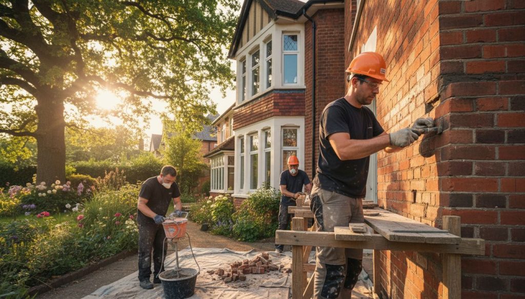 Masonry contractors repointing brick and mixing mortar on a residential home with brick replacement materials on site