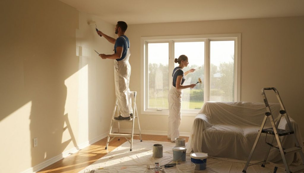 Licensed interior painters in Chicago cutting in walls near windows using a ladder with furniture protected by drop cloths