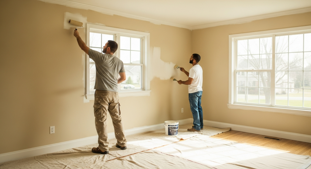 Two professional interior painting contractors rolling walls in a Chicago home with drop cloths protecting hardwood floors