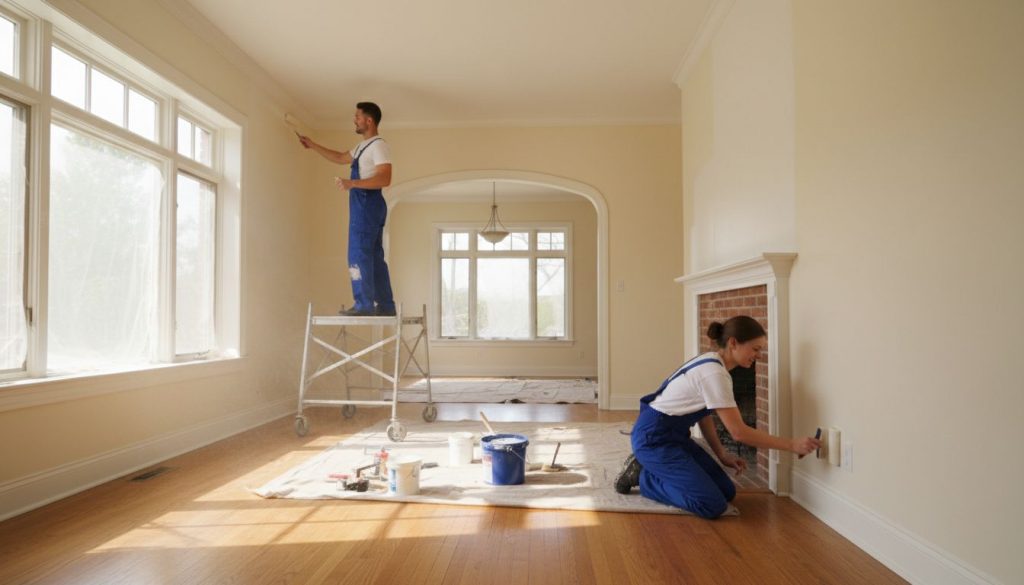 Professional interior painting services team painting a large Chicago living room with scaffolding, drop cloths, and detailed trim and baseboard work