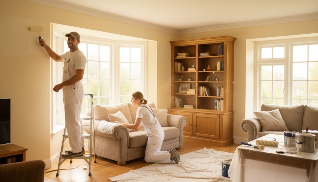Residential interior painting crew in a Chicago home cutting in window trim and protecting furniture with drop cloths during a living room repaint