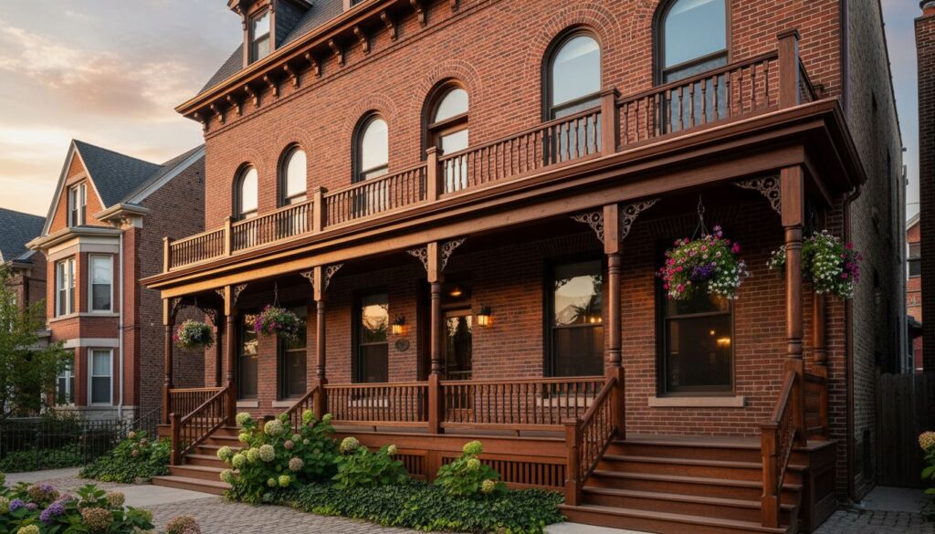 Restored Chicago brick greystone with custom wood porch, hand-turned balusters, arched windows, and tuckpointed historic brick facade at sunset