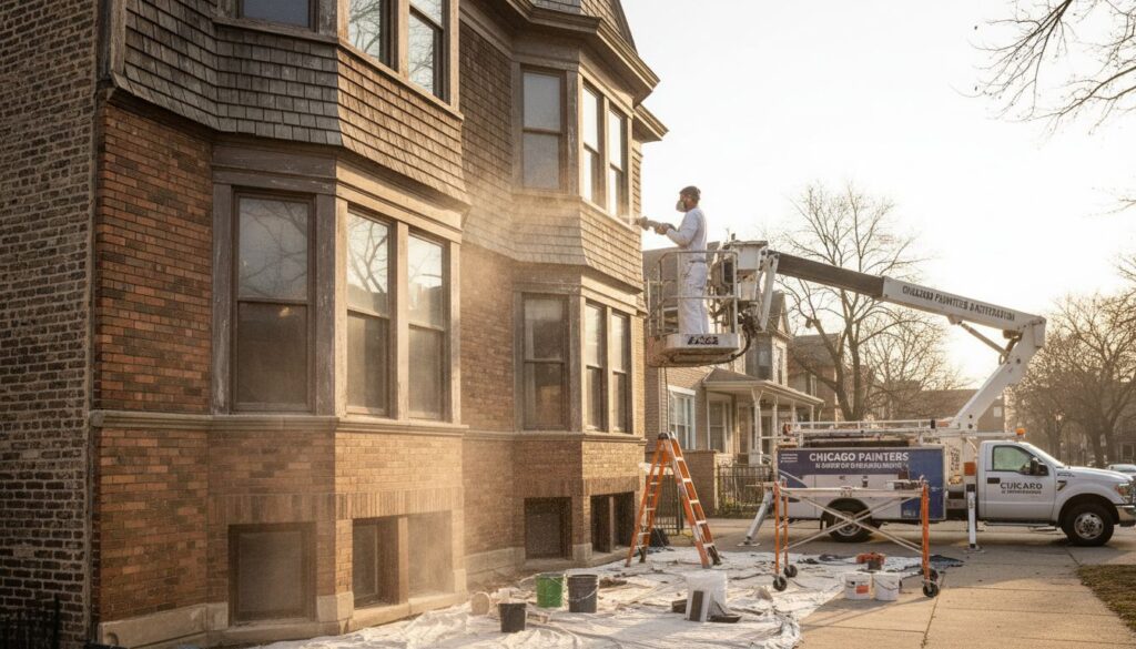 Professional Chicago exterior painter spray-painting upper story of vintage brick greystone from articulated boom lift with drop cloths and ladder staged below