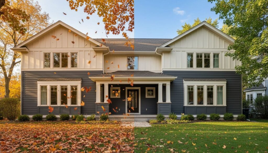 Before and after split view of Chicago home exterior repaint showing faded cream siding transformed to deep navy with fresh white trim during fall painting season
