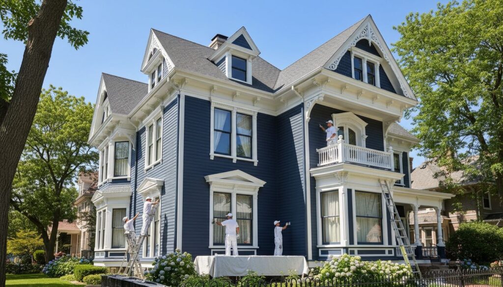Licensed Chicago exterior painting crew applying navy paint and white trim accents on detailed Victorian home with ladders and scaffold staging