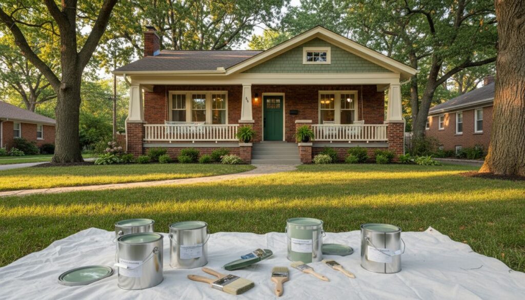 Chicago Craftsman bungalow with brick base and sage green siding alongside staged paint cans and brushes during exterior paint color selection