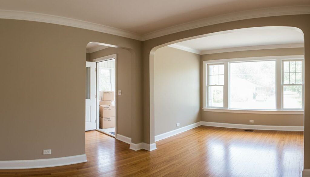 Empty Chicago home interior with freshly painted taupe walls, crisp white crown molding and trim, hardwood floors, and moving boxes staged in doorway ready for move-in