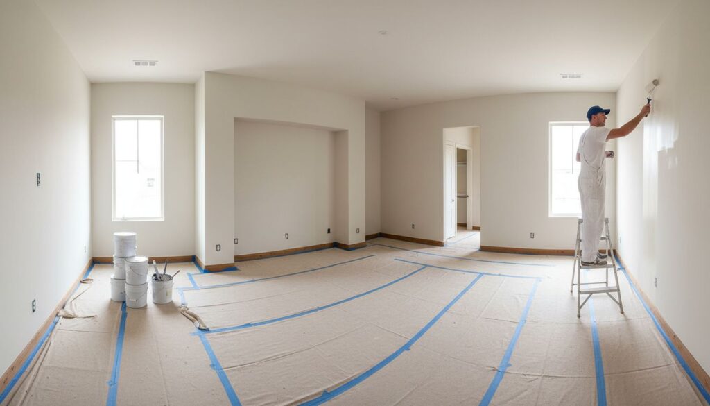 Professional Chicago interior painter on step-ladder rolling fresh paint on walls of empty home with full drop-cloth floor protection and blue painter's tape