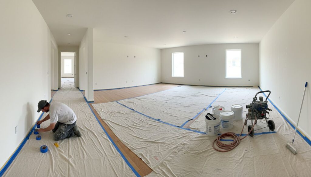 Chicago interior painter masking baseboards with painter's tape next to airless sprayer and paint pails on full floor drop-cloth coverage in an empty home
