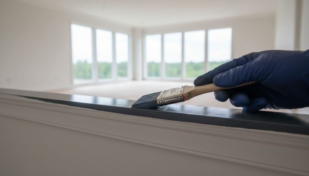 Gloved hand brushing dark navy semi-gloss paint along white interior trim and baseboard with empty Chicago room and bay windows in soft-focus background