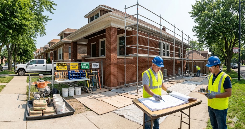 Licensed Chicago masonry contractor crew reviewing project plans at active tuckpointing jobsite with scaffolding, safety signage, and staged materials