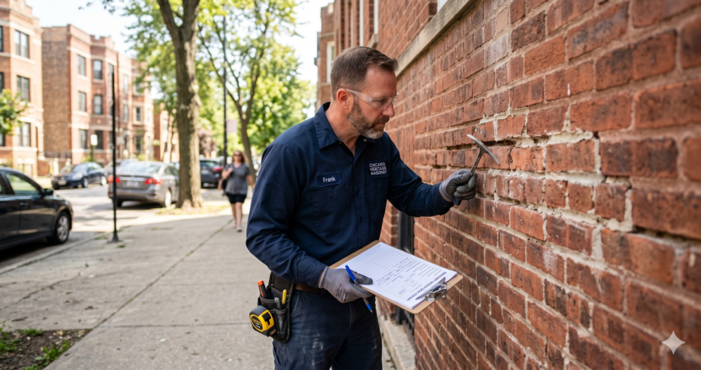 Chicago masonry inspector examining deteriorating mortar joints and damaged brick on residential exterior wall during pre-tuckpointing assessment