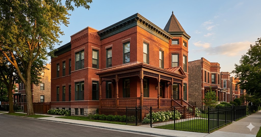 Restored Chicago Victorian brick two-flat with corner turret, ornate wood porch, and tuckpointed red brick masonry at golden hour