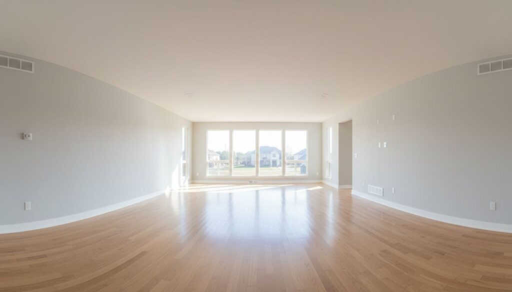 Empty Chicago home living area with bare walls, freshly finished hardwood floors, and natural light pouring through bay windows ready for interior painting before move-in