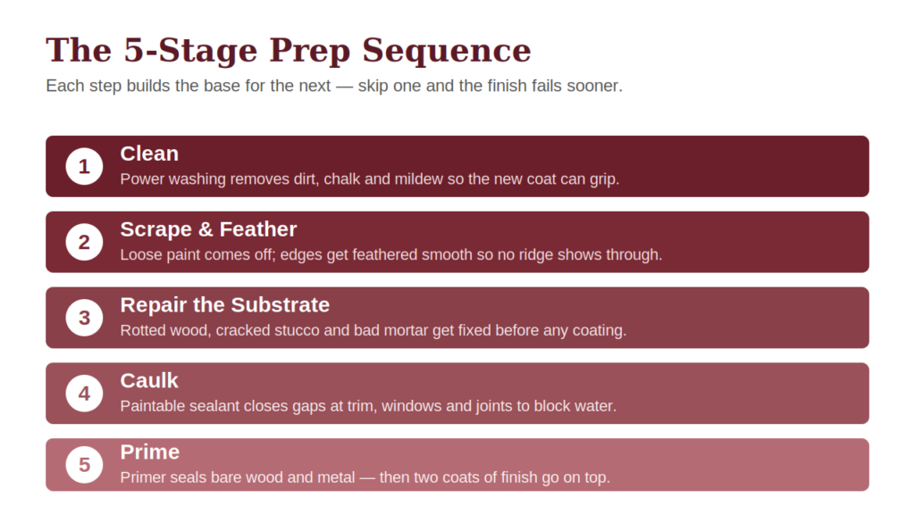 Fortune Restoration five-stage surface preparation sequence for Chicago exteriors: clean, scrape and feather, repair substrate, caulk, prime