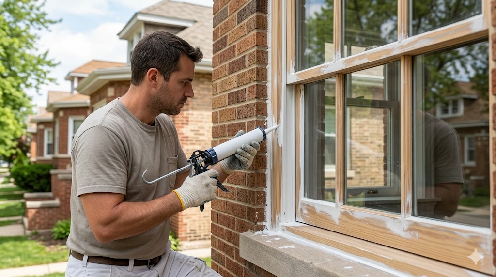Caulking a window joint with paintable sealant on a Chicago home as part of Fortune Restoration paint prep