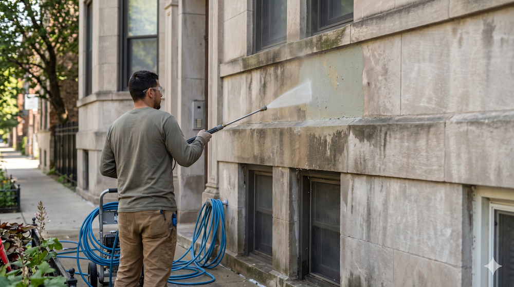 Fortune Restoration crew power washing a Chicago greystone before exterior paint preparation begins