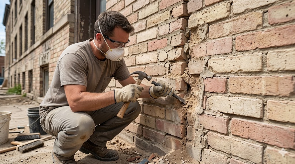 Worker cleaning a deteriorated mortar joint during Fortune Restoration masonry repair prep on Chicago brick