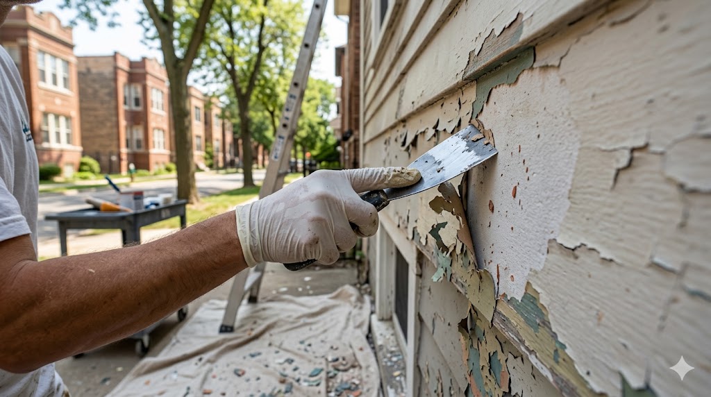 Painter scraping and feathering peeling paint to a firm edge during Fortune Restoration surface preparation