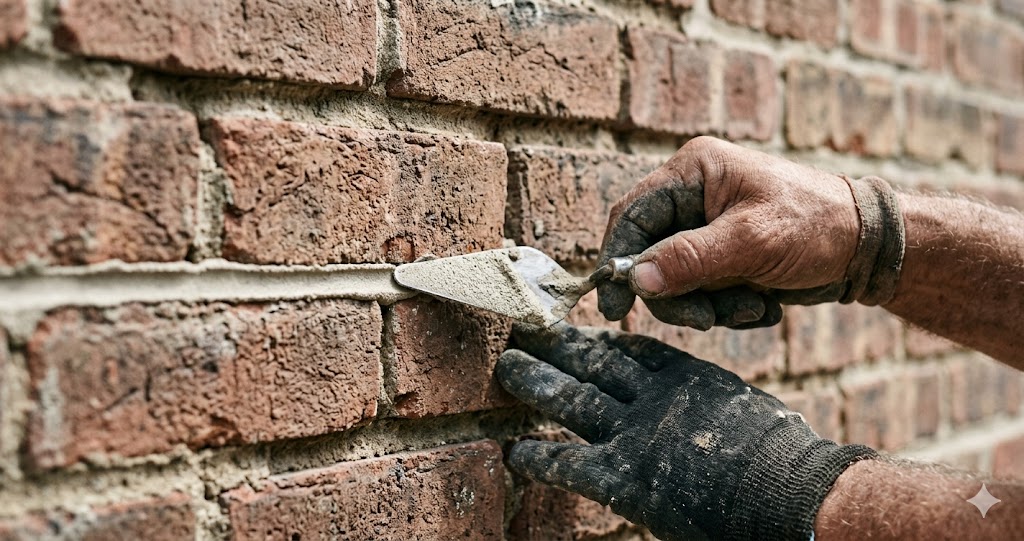 Close-up of professional mason hand-tooling fresh mortar into a tuckpointed joint on weathered Chicago red brick wall