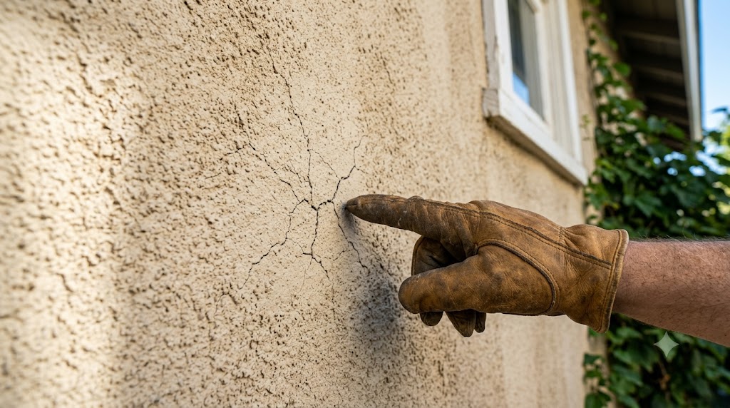Contractor inspecting a minor spider crack on a residential stucco wall