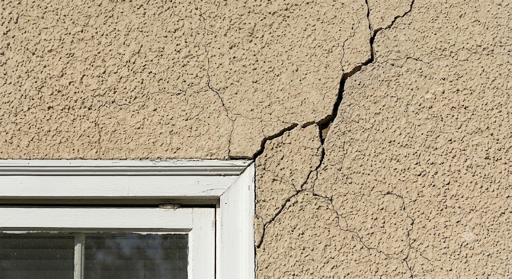 Diagonal stucco crack spreading from a window corner on a Chicago home