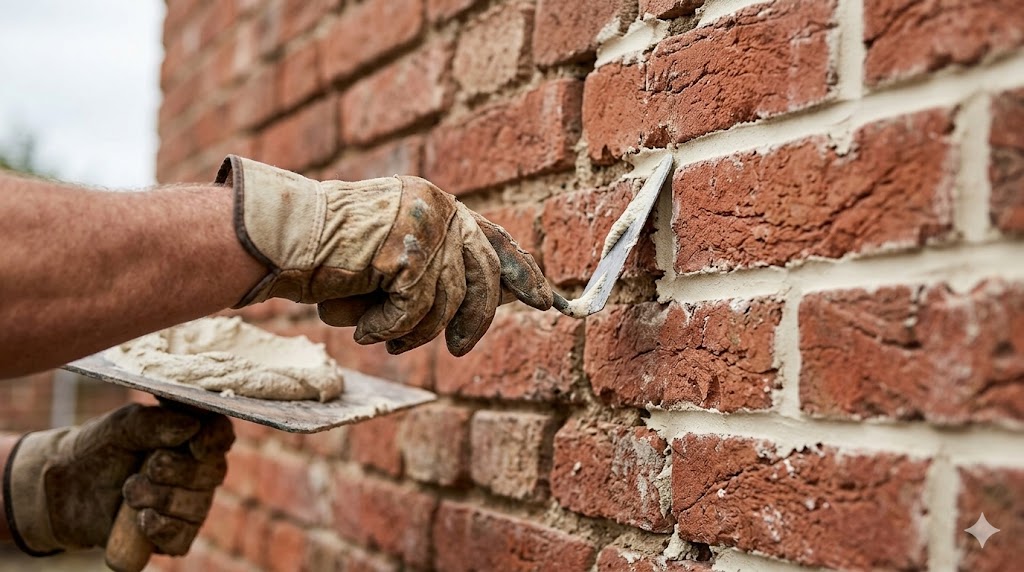 Mason repointing red brick mortar joints with a trowel during tuckpointing repair