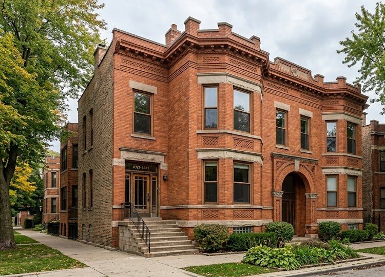 Restored red-brick two-flat with bay windows and stone trim on a tree-lined Evanston street