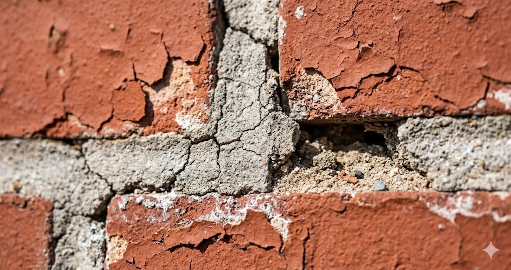 Cracked mortar joints and spalling brick on a chimney needing tuckpointing repair by Fortune Restoration