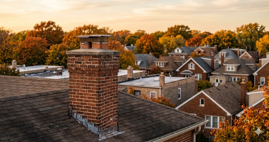 Brick chimney with metal cap above a Chicago neighborhood at sunset, a chimney repair candidate from Fortune Restoration