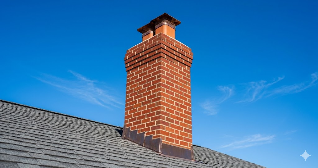Restored brick chimney with new copper cap against blue sky after Fortune Restoration chimney repair