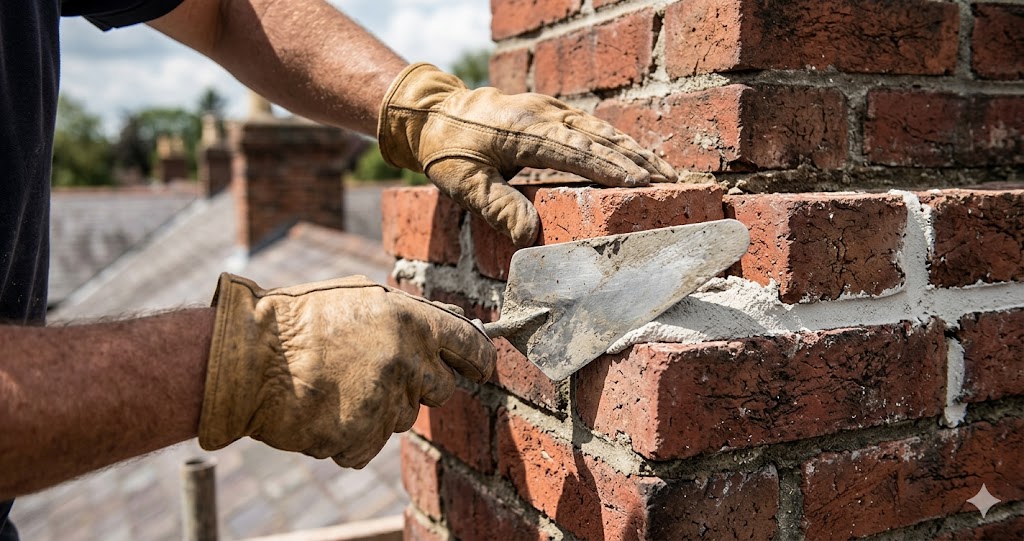 Mason applying fresh mortar with a trowel during Fortune Restoration chimney tuckpointing repair in Chicago