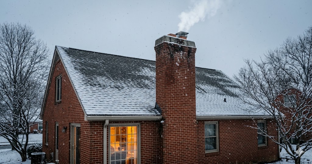 Brick home chimney venting smoke during a Chicago snowfall, showing freeze-thaw exposure Fortune Restoration repairs