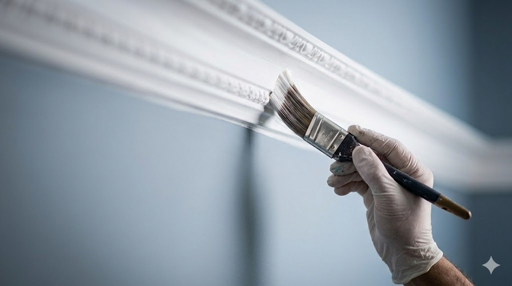 Gloved hand brushing white paint along ornate crown molding — Fortune Restoration detailed trim painting in Evanston