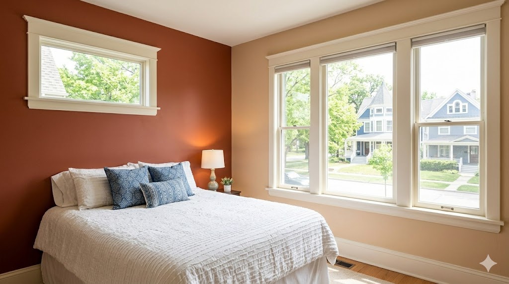 Repainted bedroom with terracotta accent wall and white window trim overlooking an Evanston street — Fortune Restoration interior painting
