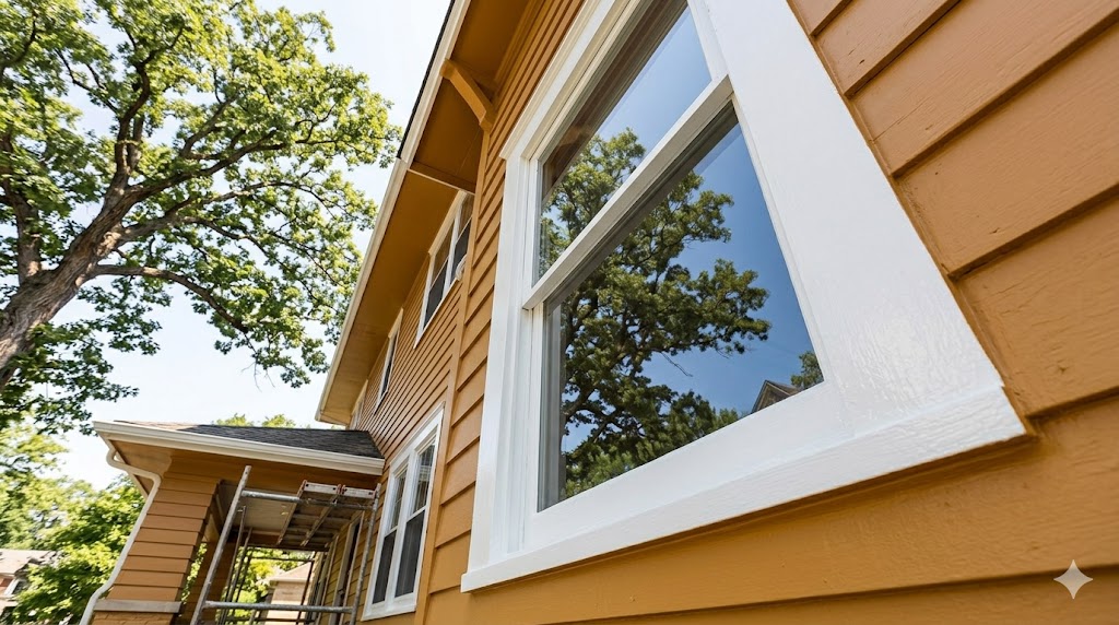 Freshly painted white window trim against warm-toned siding on an Evanston home — Fortune Restoration exterior painting