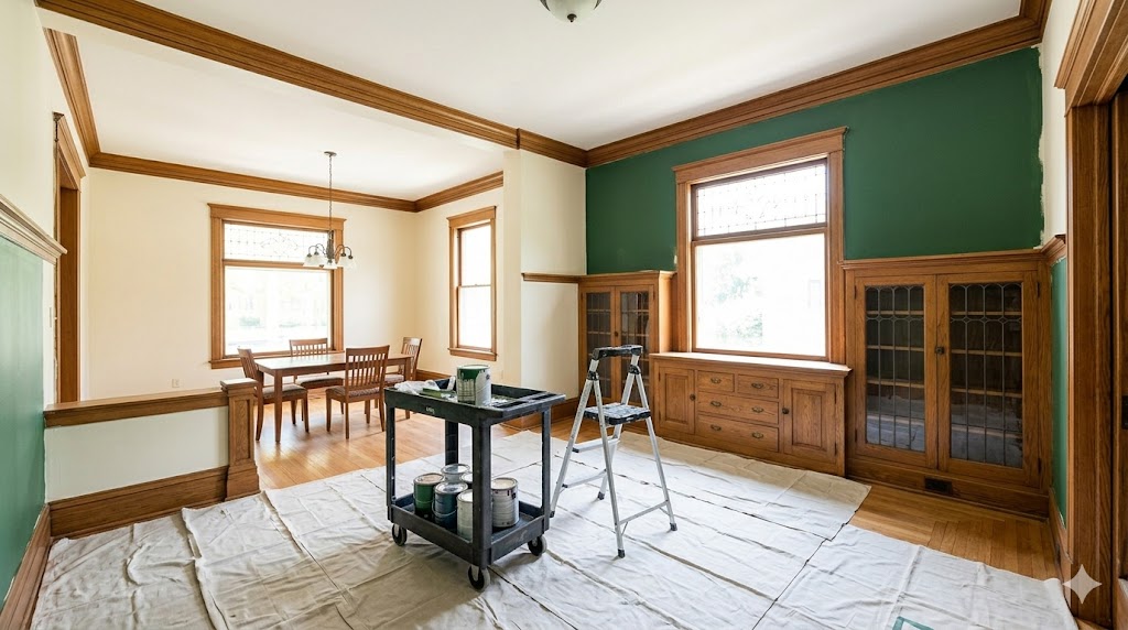 Evanston dining room mid-repaint with green walls and original stained oak trim and built-ins — Fortune Restoration interior painting