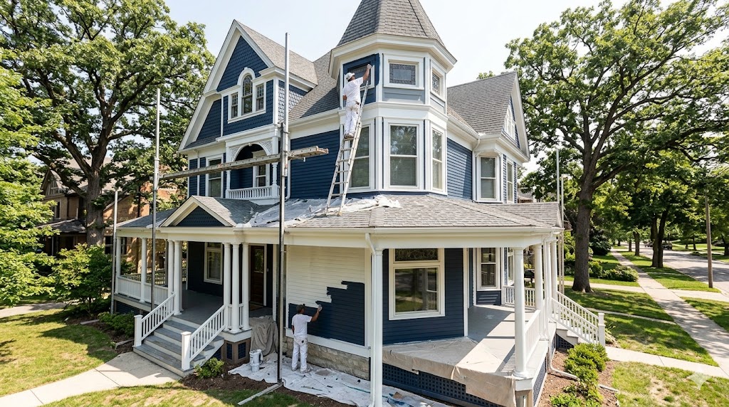 Painters on ladders repainting a navy and white Victorian home with turret and wraparound porch — Fortune Restoration Evanston