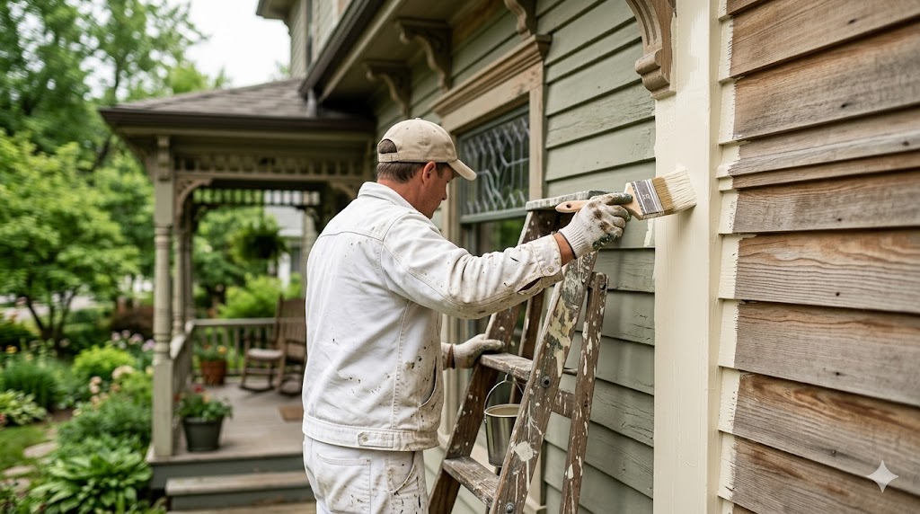 Professional painter applying fresh paint to the wood clapboard siding of a historic cottage