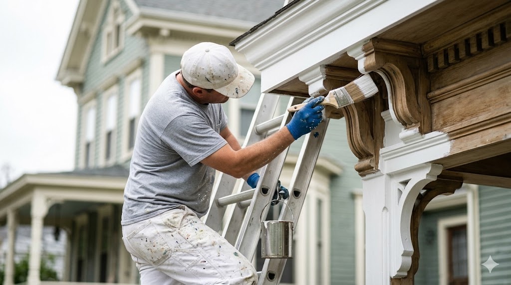 Professional painter hand-brushing white paint onto the ornate wood trim of a historic home