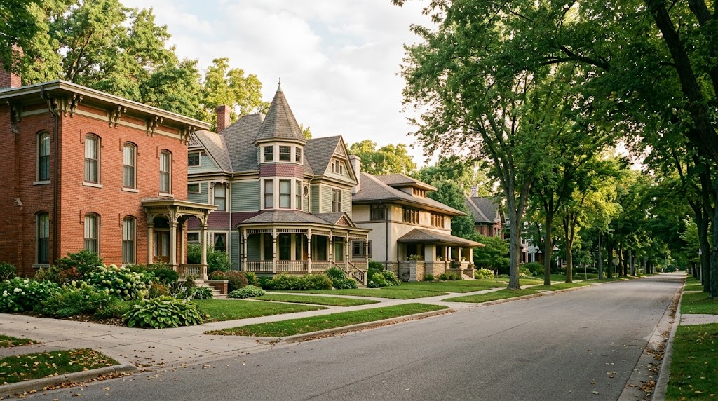 Tree-lined Evanston street with a mix of brick Italianate, Queen Anne, and Prairie-style homes