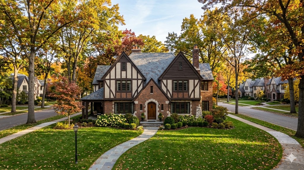 Brick and stucco Tudor Revival home on a tree-lined North Shore street with autumn foliage
