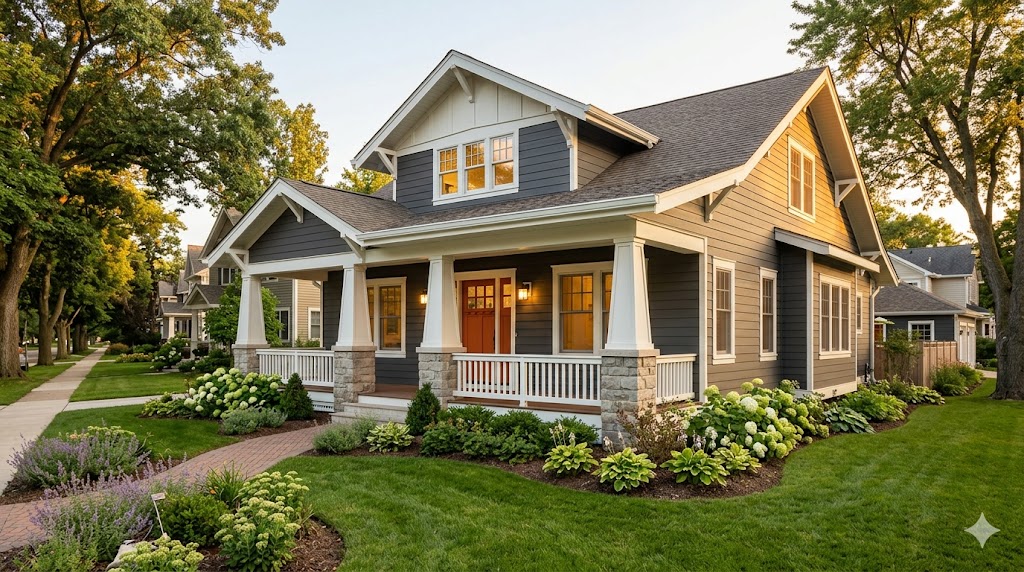 Repainted gray and tan Craftsman bungalow with stone porch columns — Fortune Restoration exterior painting in Oak Park
